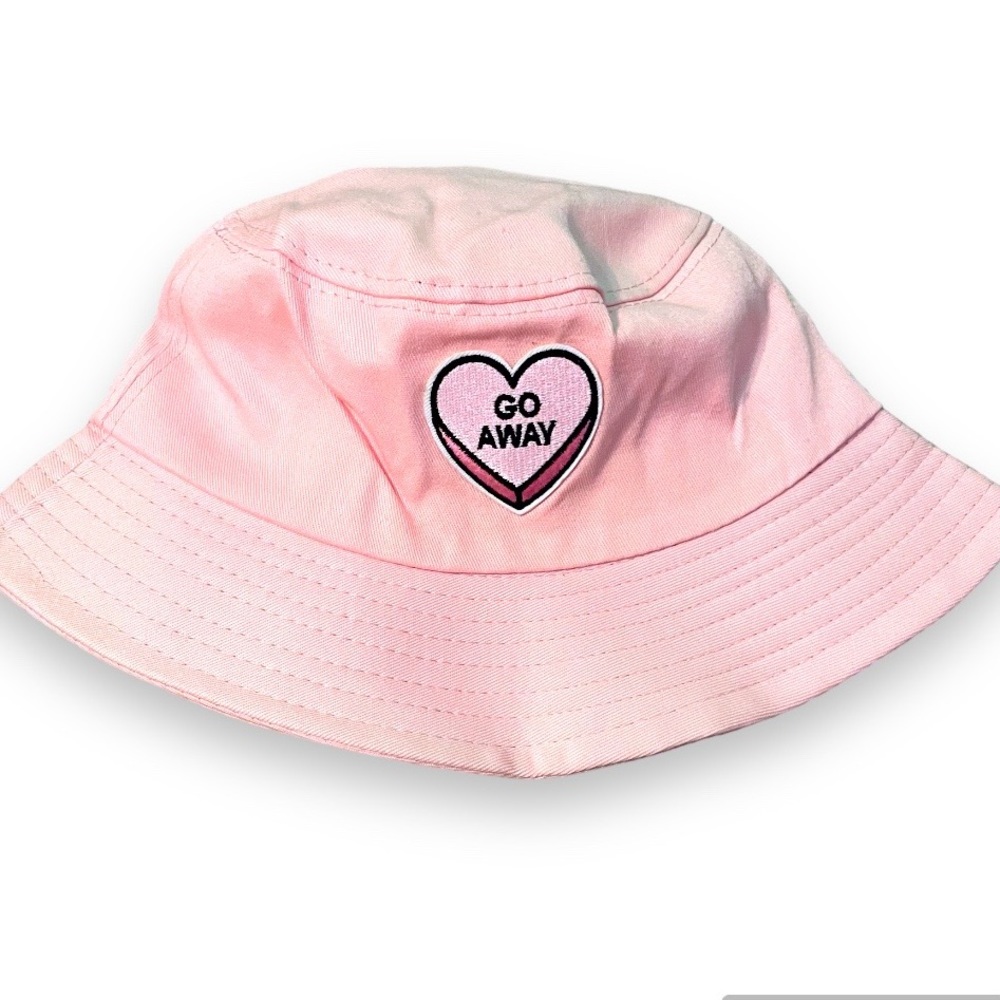 Go Away Conversation Heart Pink Bucket Hat | Festival Cute Funny Kawaii Techno